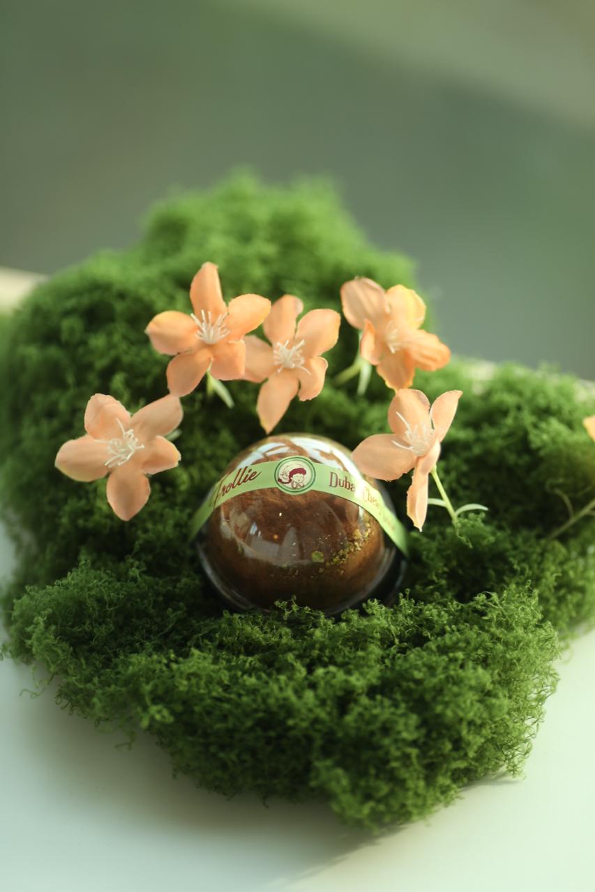 Frollie product on moss with peach flowers