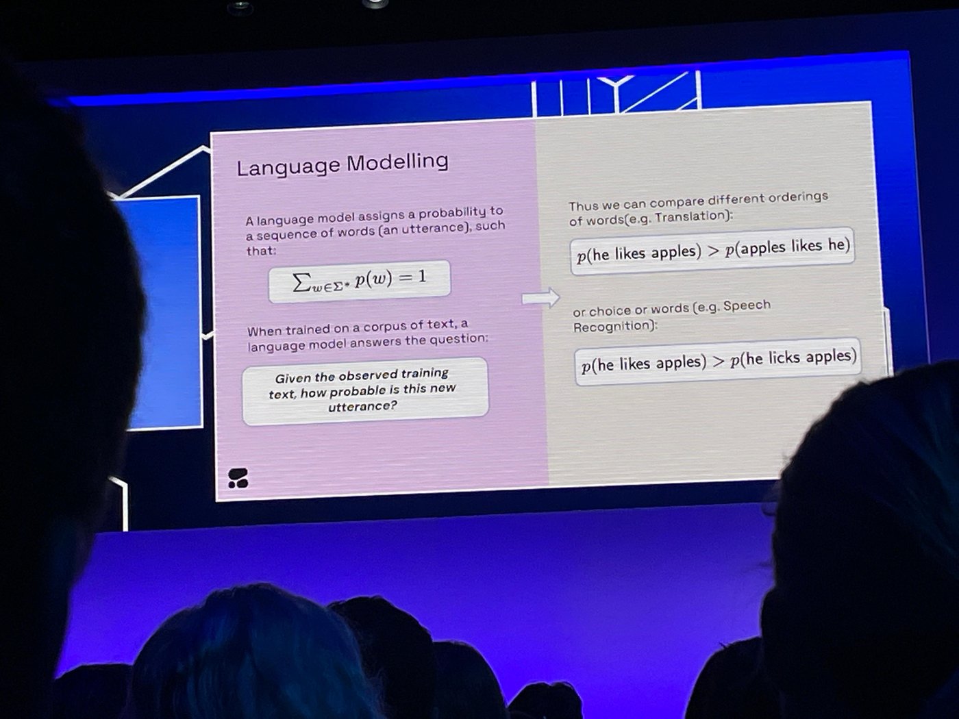 Photograph from the audience of the Cambridge keynote slide titled 'Language Modelling' — explaining that a language model assigns a probability to a sequence of words, with the formula sum p(w) = 1 and worked examples comparing 'he likes apples' versus 'apples likes he', and 'he likes apples' versus 'he licks apples'.