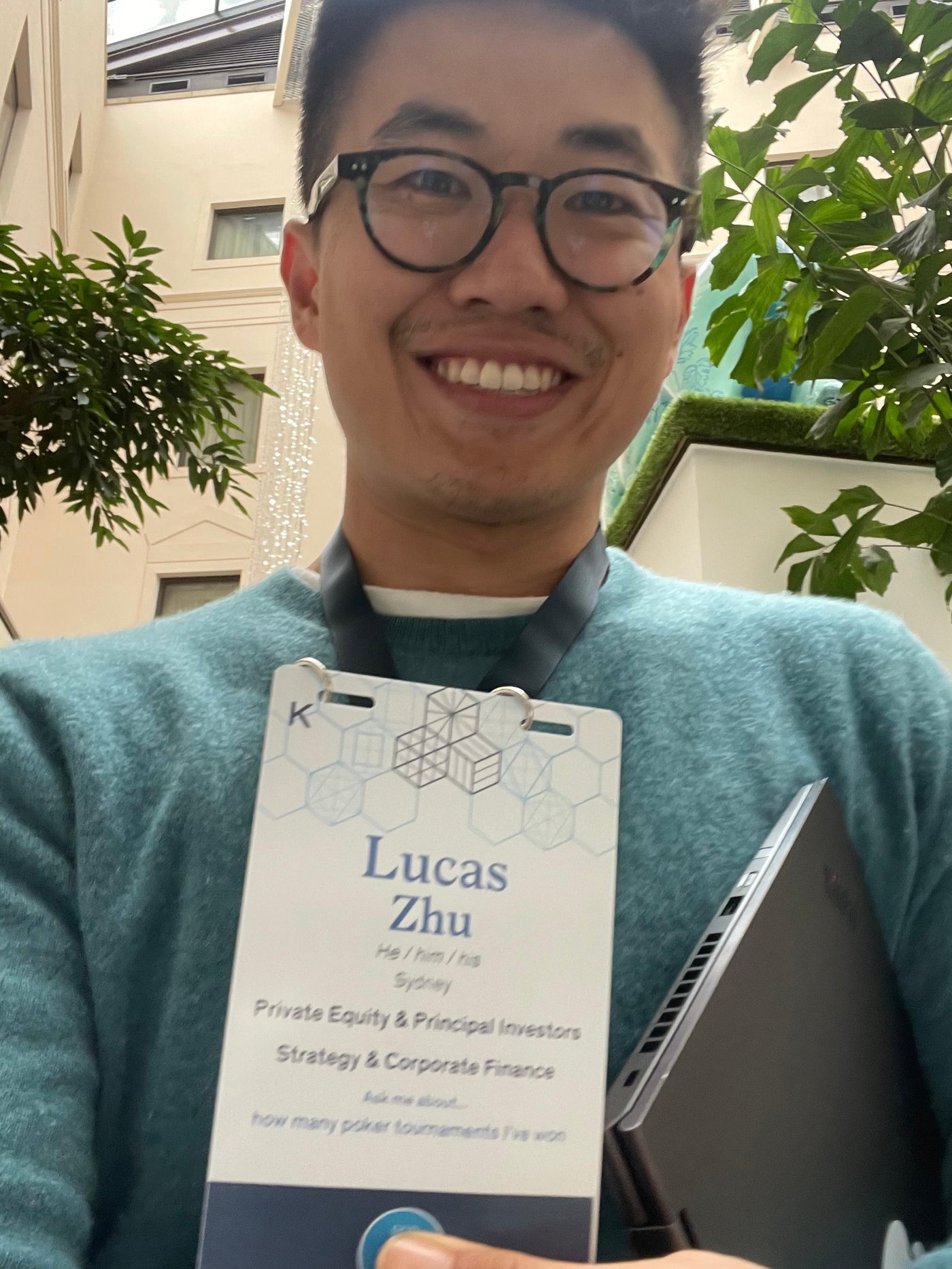 Lucas Zhu in Cambridge, July 2023, wearing the McKinsey lanyard reading 'Lucas Zhu — Private Equity & Principal Investors / Strategy & Corporate Finance, Sydney'.
