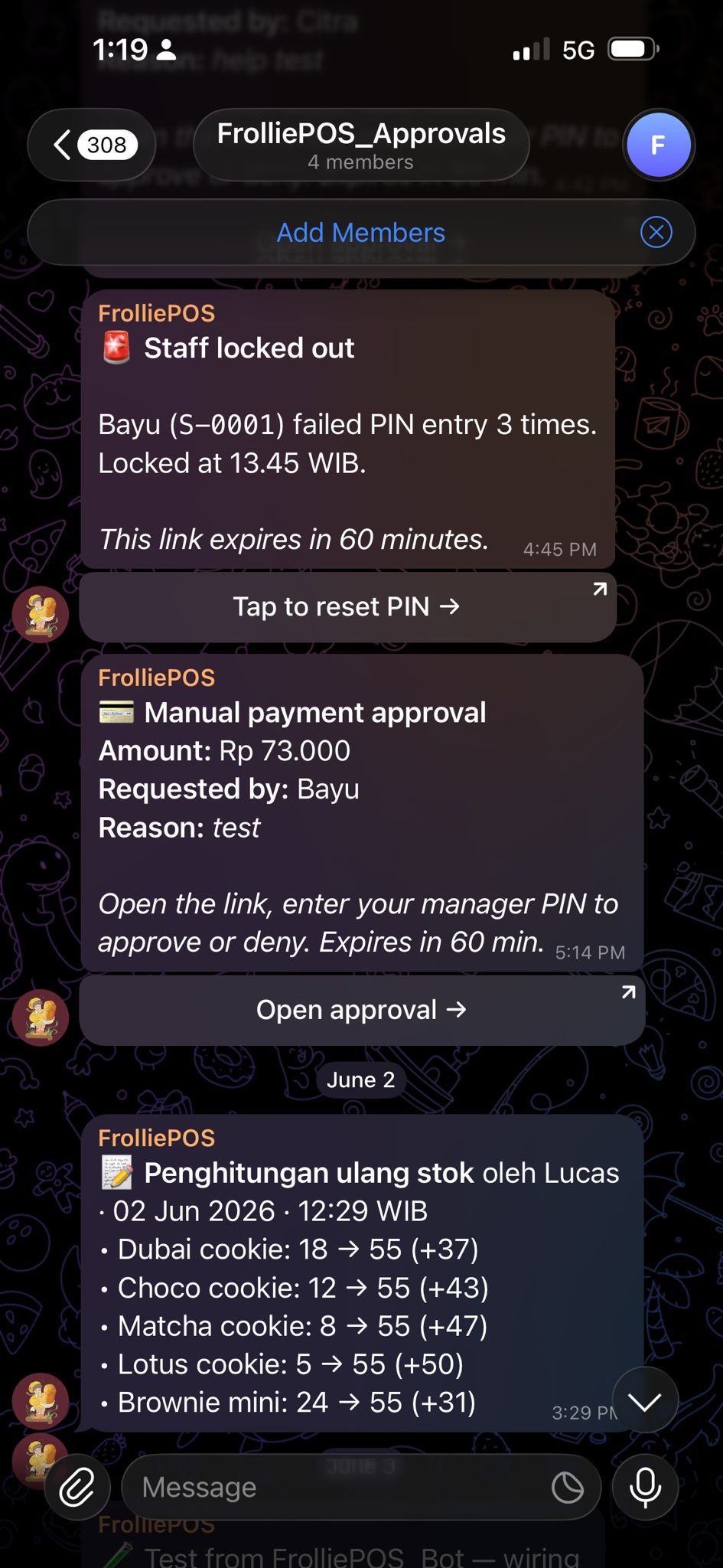 Telegram approvals to the manager